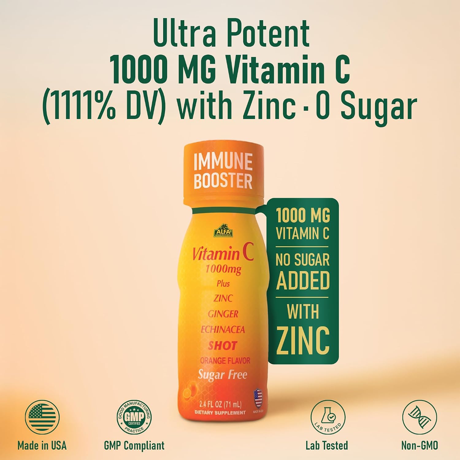 ALFA VITAMINS Vitamin C Shot 1000mg con Zinc, Jengibre y Equinácea – Sabor Naranja – 40 Botellas de 71 ml