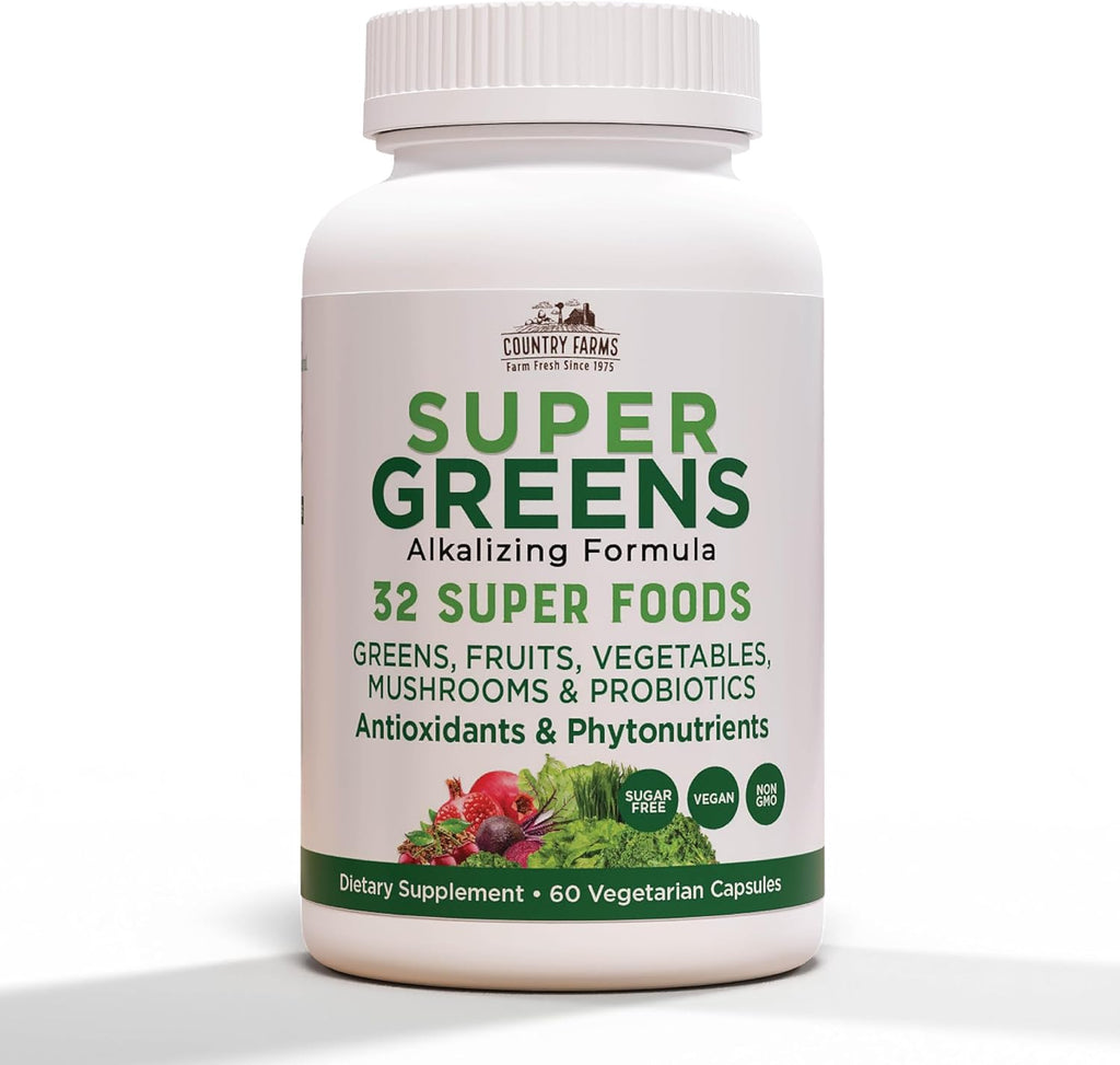 Country Farms Super Greens Vegicaps - 32 Superalimentos en Cápsulas Vegetales, 60 Cápsulas (30 Días)