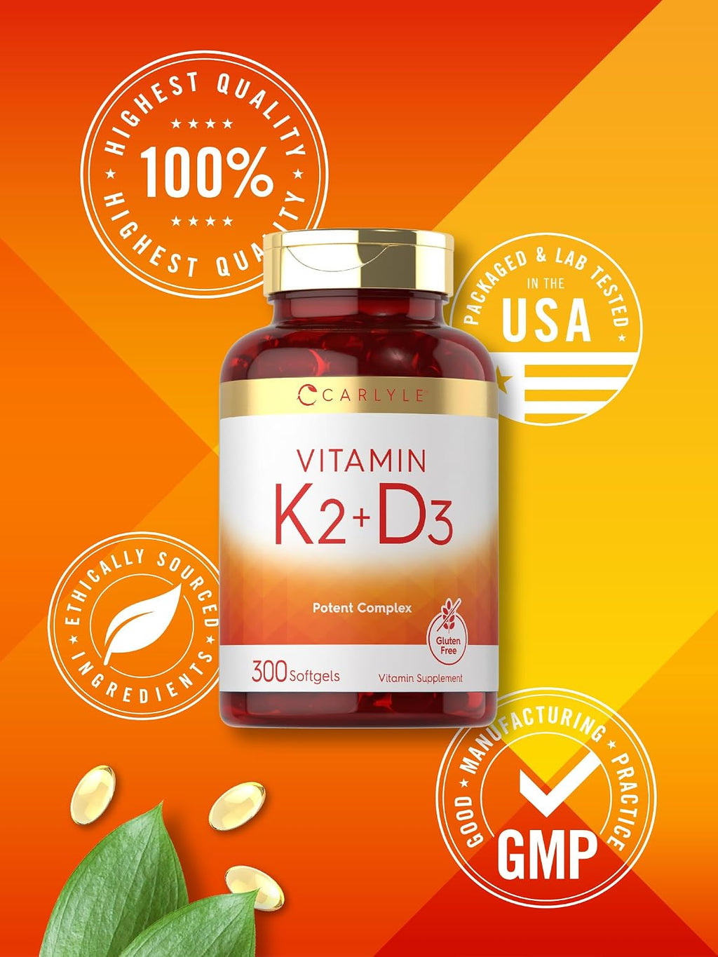 Carlyle Vitamina K2 D3 | 300 Cápsulas Blandas | 200 mcg K2 MK7 y 10,000 UI D3 | Sin Gluten, No-GMO