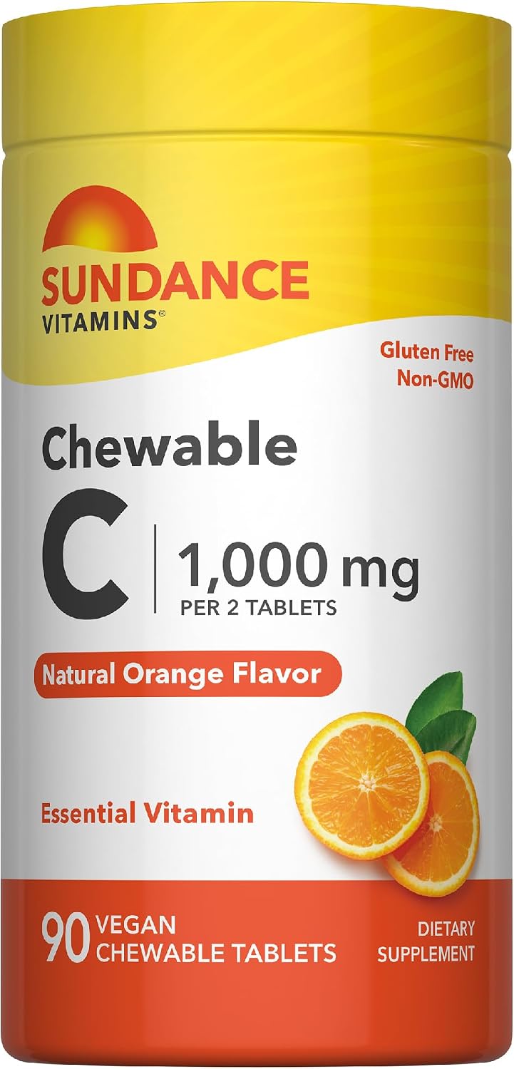 Sundance Vitamina C 1000 mg Masticable – 90 Comprimidos Sabor Naranja Natural – Vegano, No Transgénico, Sin Gluten