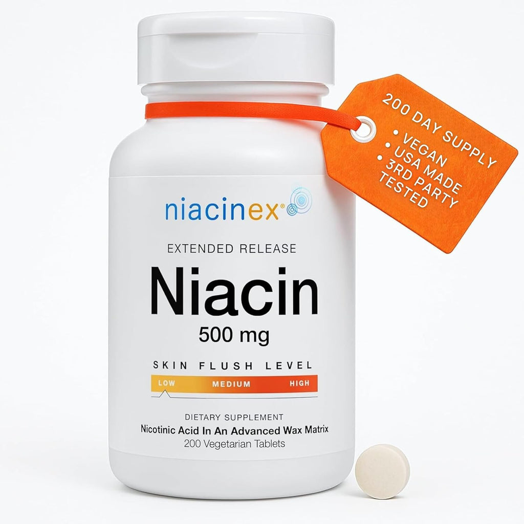 Niacinex Niacina 500mg Liberación Prolongada, 200 Comprimidos - Mínimo Enrojecimiento, Vitamina B3 Vegana