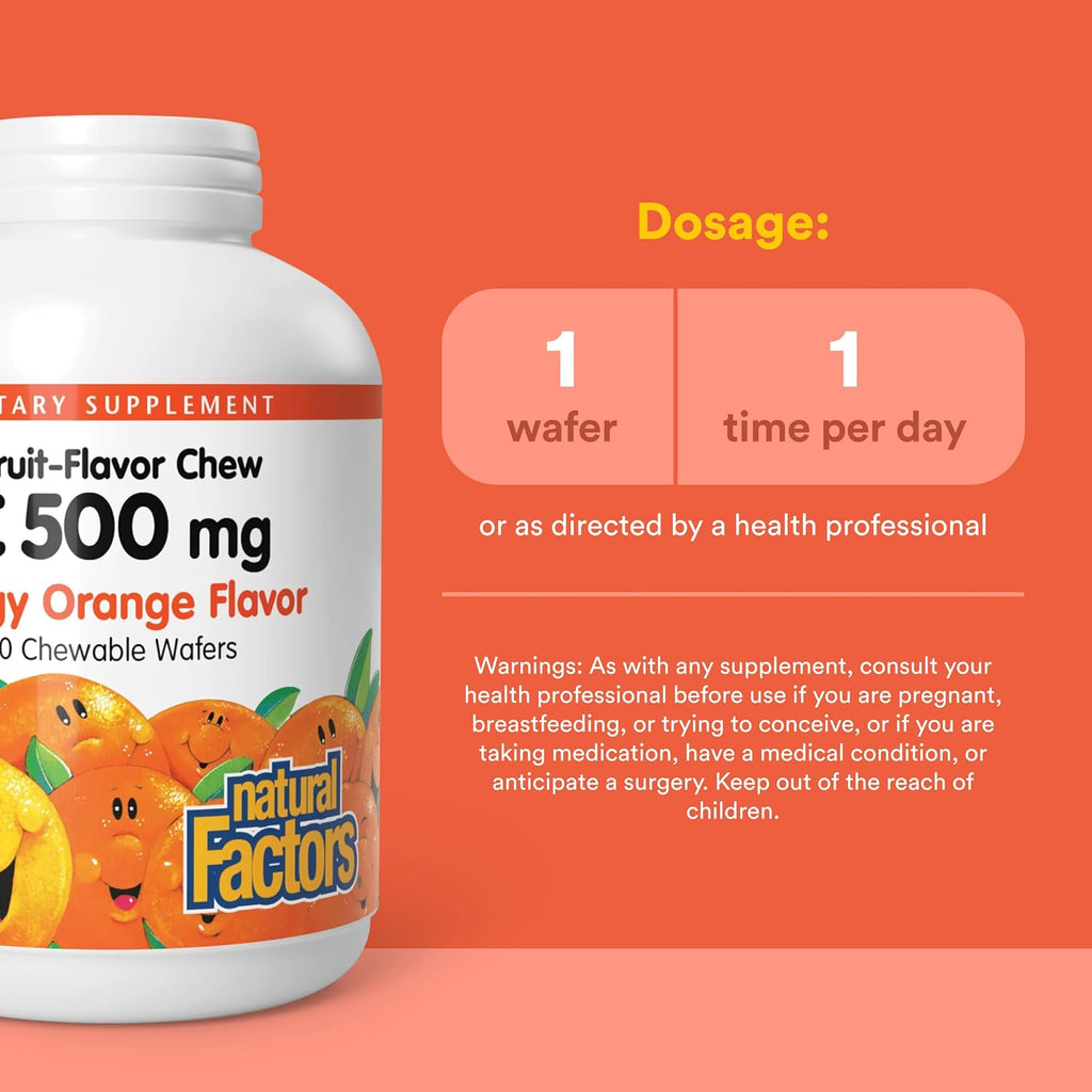 Natural Factors, Vitamina C 500 mg, Masticable para Niños, Apoya Huesos y Dientes Saludables, Sabor Naranja, Vegano, Sin Gluten, 90 obleas