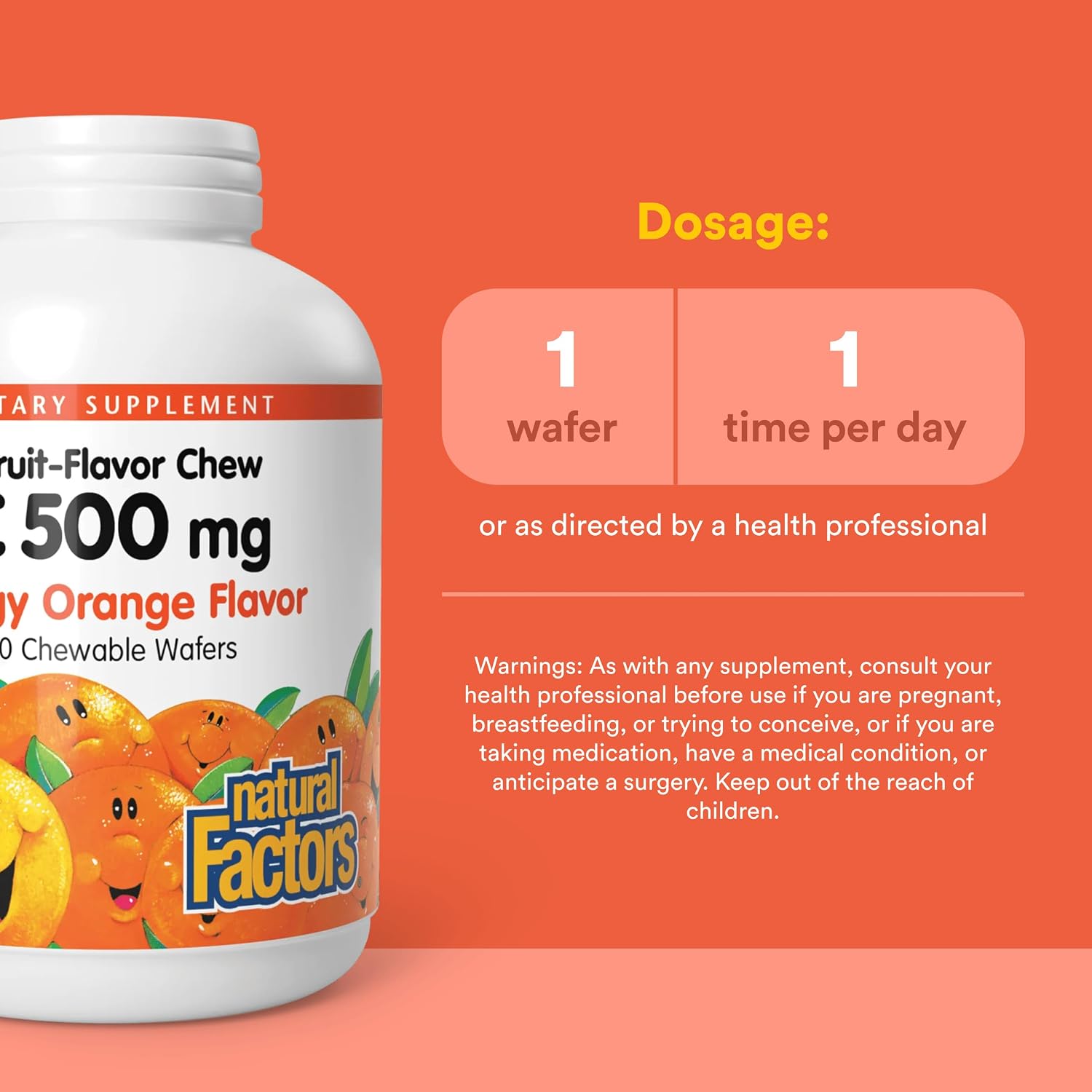 Natural Factors, Vitamina C 500 mg, Masticable para Niños, Apoya Huesos y Dientes Saludables, Sabor Naranja, Vegano, Sin Gluten, 90 obleas