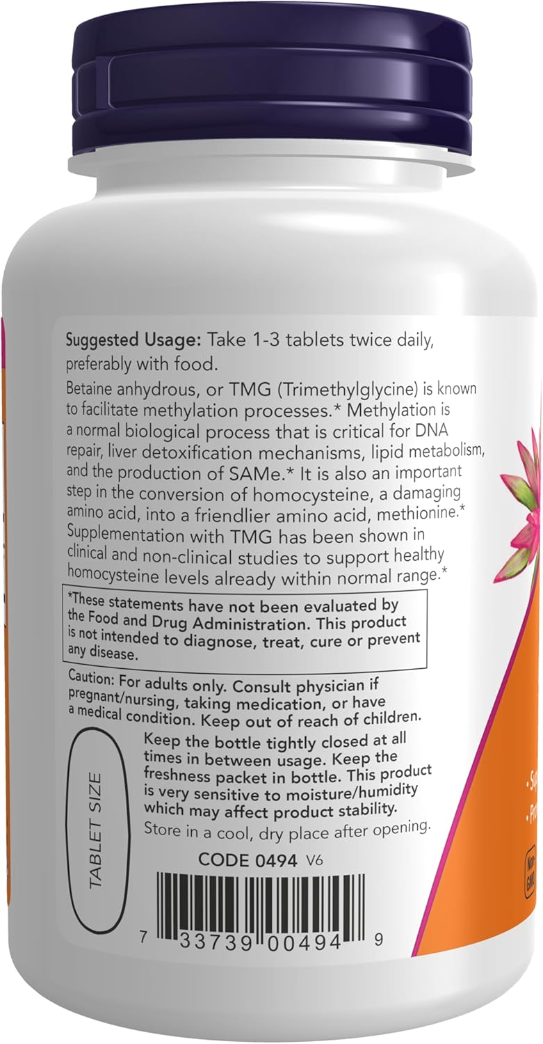 NOW Foods TMG Betaina (Trimetilglicina) 1000 mg, 100 Comprimidos