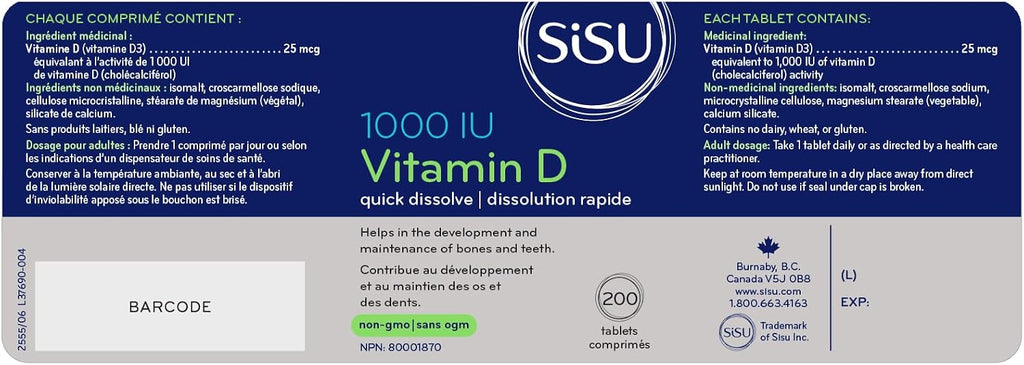 Sisu Vitamina D3 1000 UI, 200 comprimidos