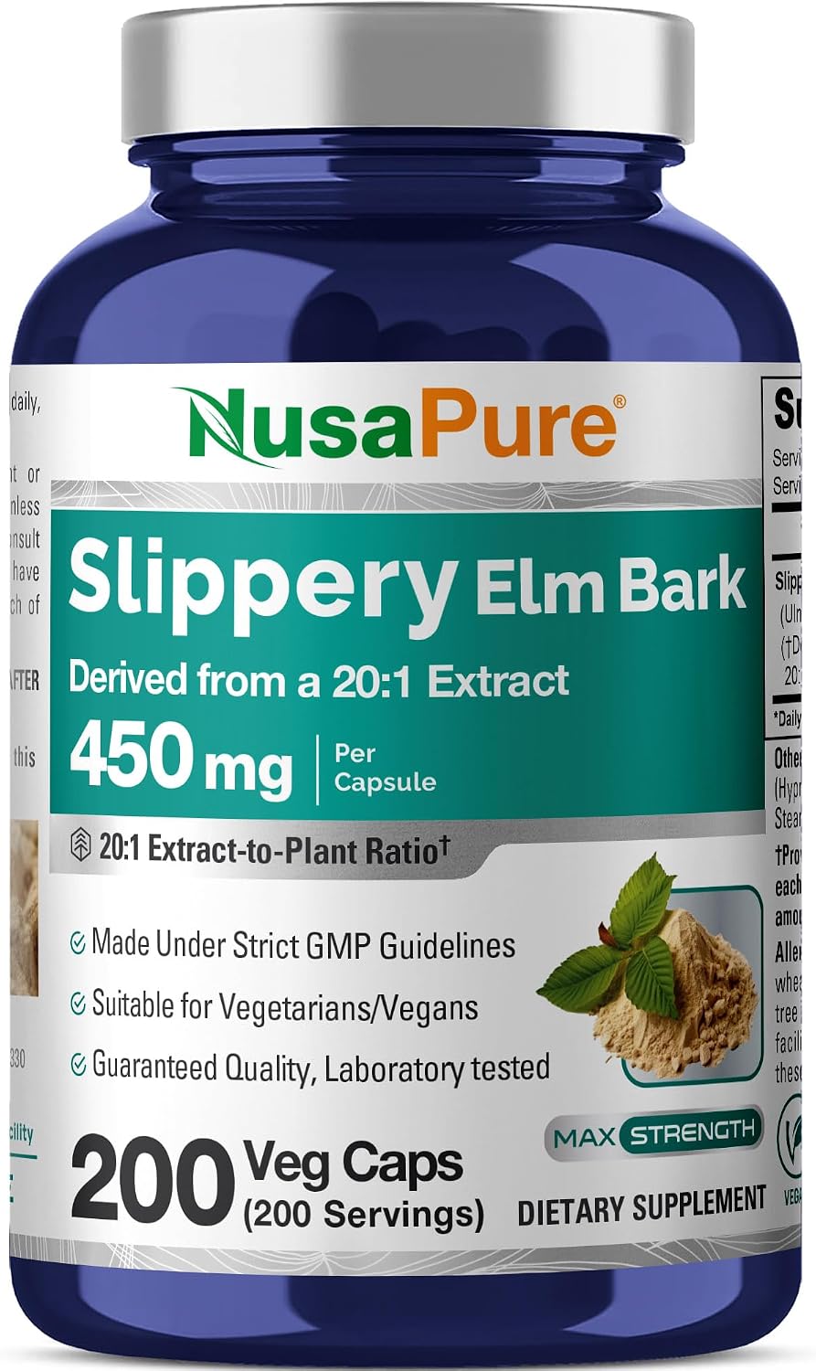 NusaPure Cápsulas de Corteza de Olmo Americano, 450 mg, 200 Cápsulas Vegetales (No OGM, Vegano)
