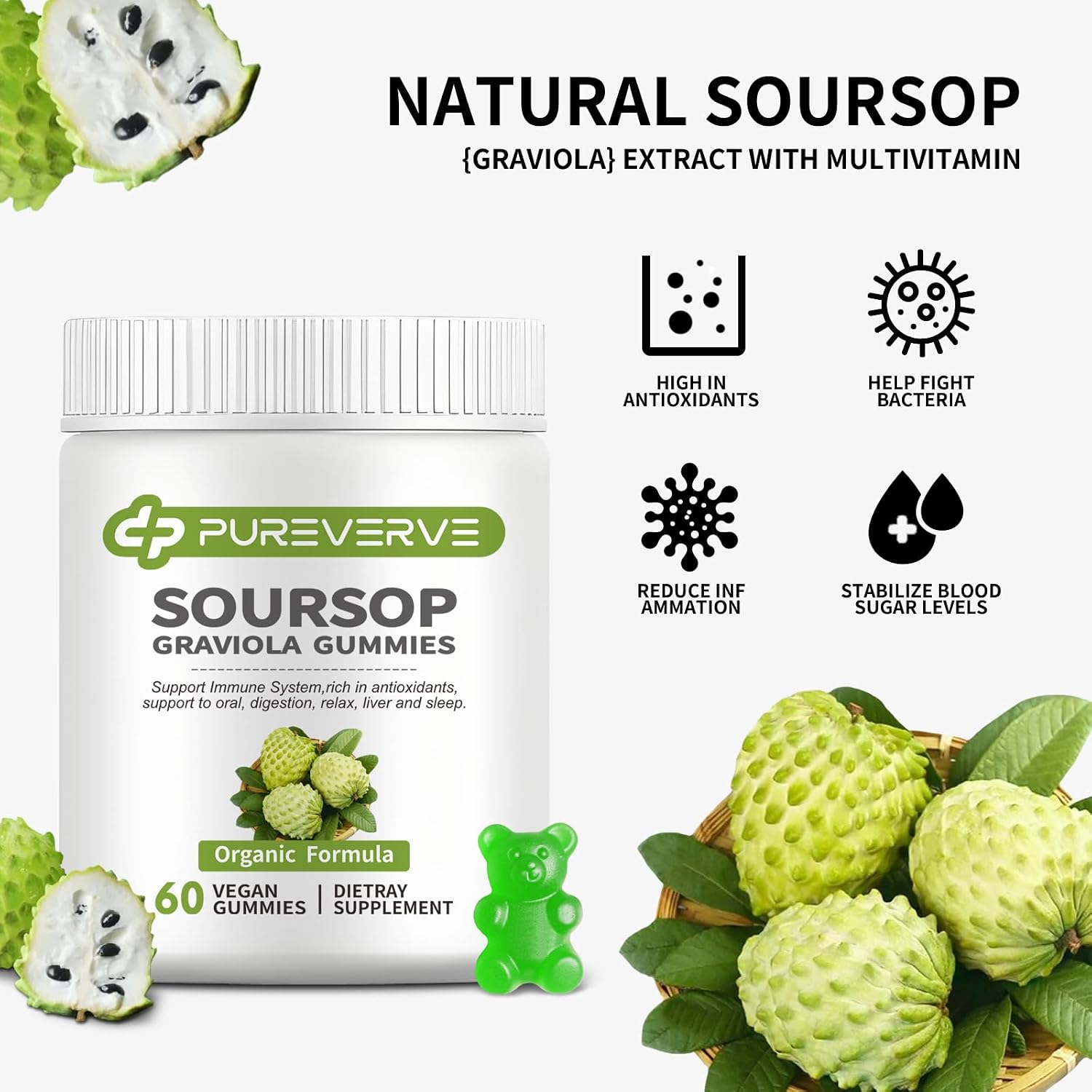 Pureverve Gominolas de Graviola Soursop - Extracto de Hojas con Musgo Marino y Zinc - Sin Azúcar, Vegano - 60 unidades