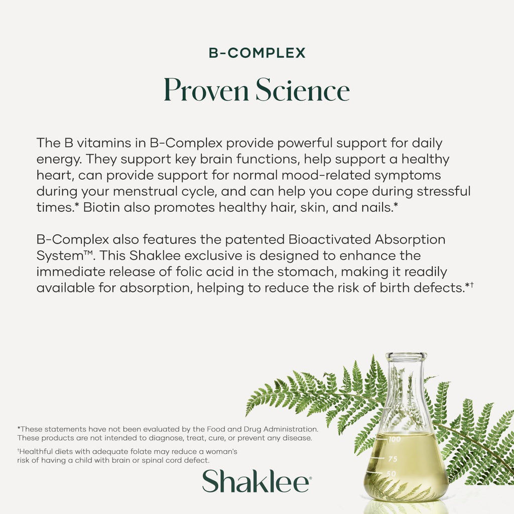 Shaklee - Complejo B - Impulso de Energía con Sistema de Absorción Bioactivada Patentado - Vitaminas B para el Bienestar - Apoya la Energía, Salud Cardiovascular y Cerebral - 240 Comprimidos