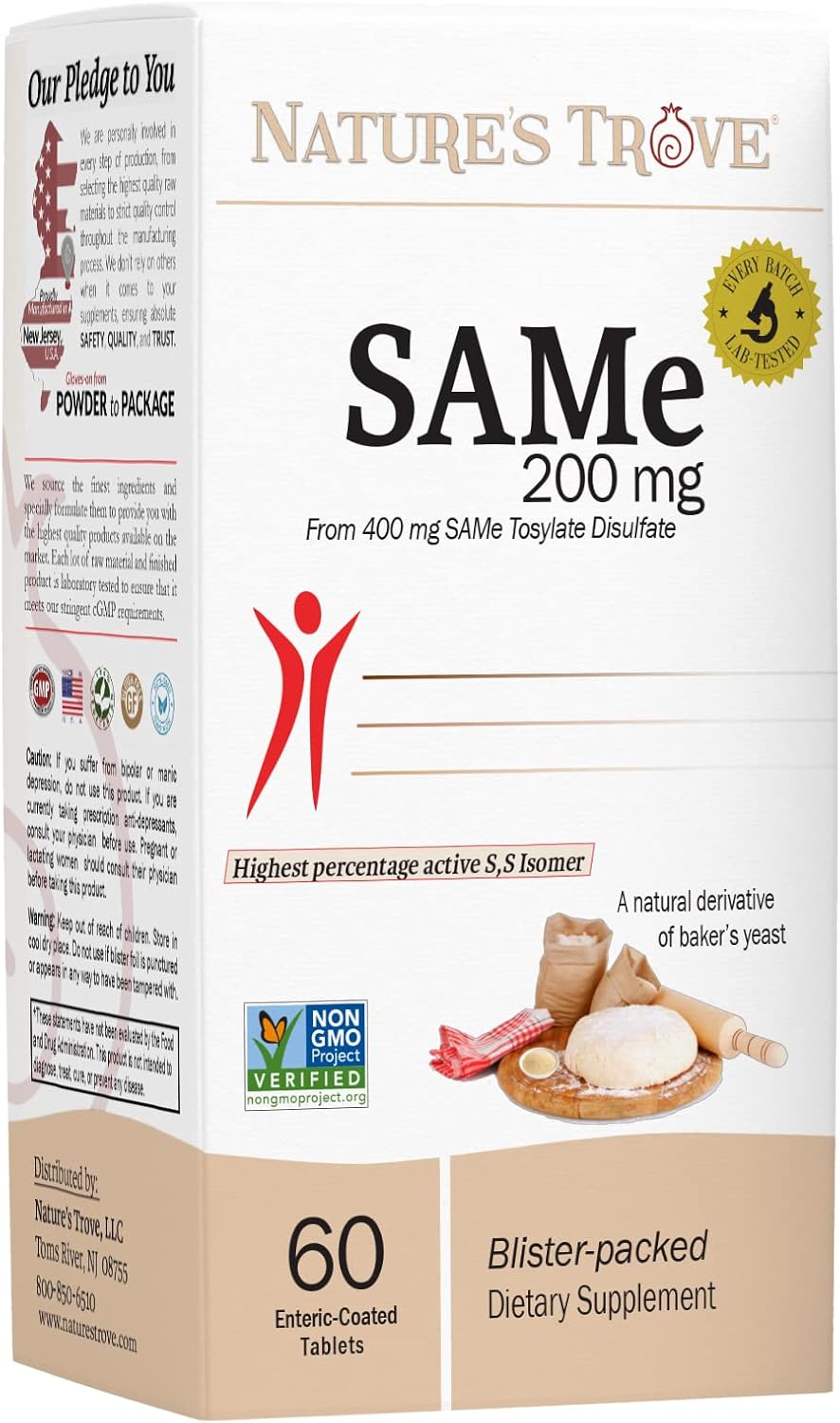 SAM-e 200mg Suplemento Diario - Vegano, Kosher, Sin Gluten - 60 Comprimidos Recubiertos - Nature's Trove