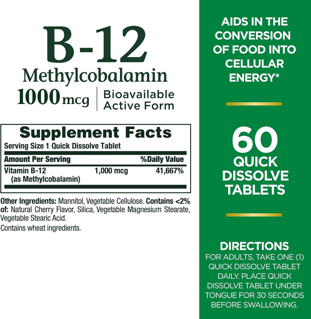 Nature's Bounty Vitamina B12 1000mcg Comprimidos de Disolución Rápida Sabor Cereza - 60 unidades