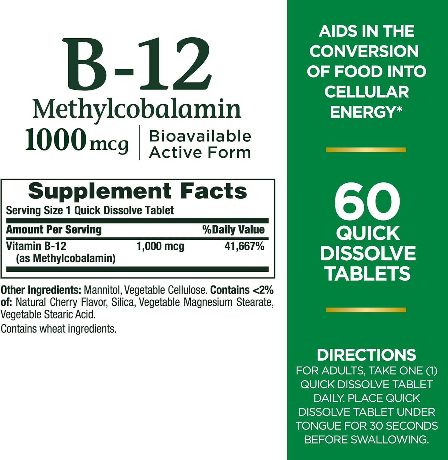 Nature's Bounty Vitamina B12 1000mcg Comprimidos de Disolución Rápida Sabor Cereza - 60 unidades