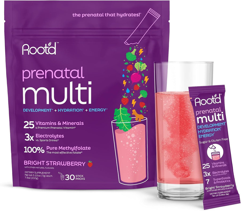 Root'd Vitaminas Prenatales en Polvo - 25 Vitaminas y Minerales con Electrolitos, Folato, Hierro, D3, Superalimentos y Probióticos - 30 Sobres