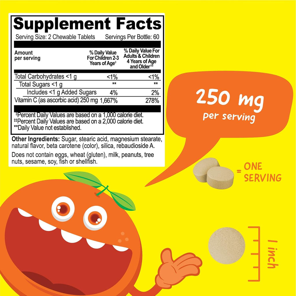 VitaWorks Vitamina C Masticable para Niños | 250 mg | Sabor Naranja Natural | Vegano, Sin Gluten | 120 Comprimidos