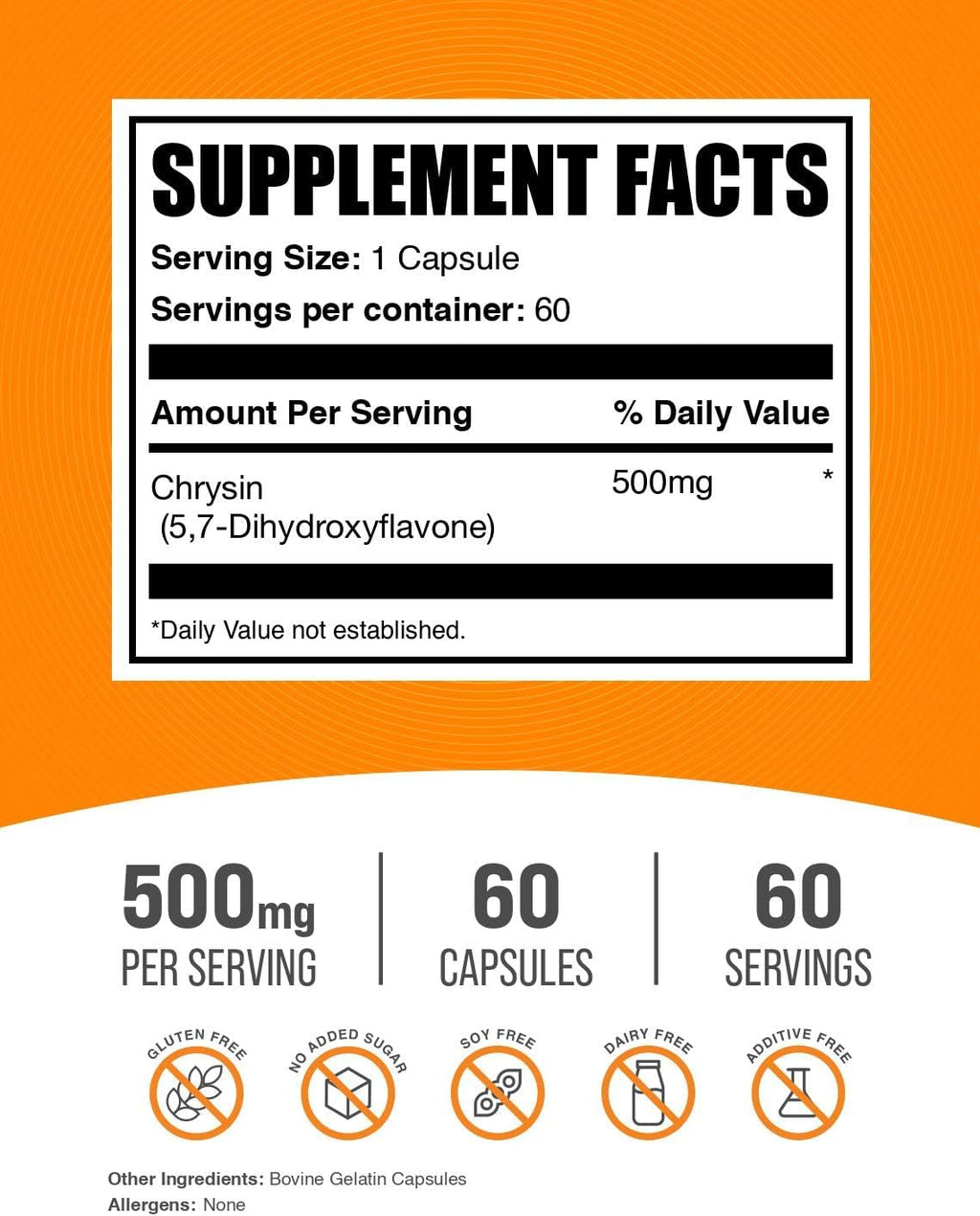 BulkSupplements.com Cápsulas de Chrysin - 500 mg por Cápsula, 60 Cápsulas