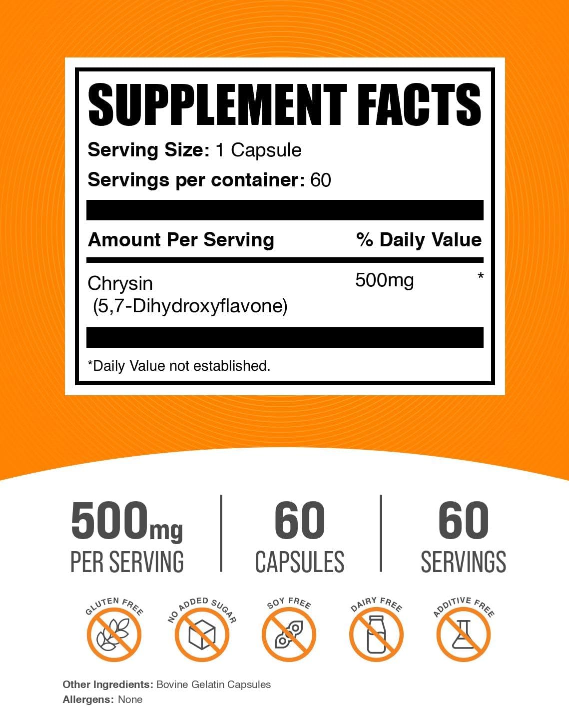 BulkSupplements.com Cápsulas de Chrysin - 500 mg por Cápsula, 60 Cápsulas