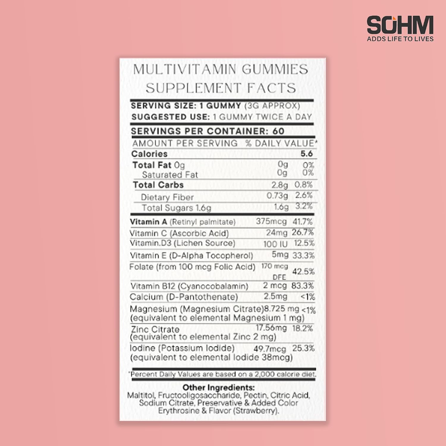 SOHM Multivitamin Gummies para Hombres y Mujeres, 60 unidades – Gomitas diarias con Vitaminas A, C, D3, E y Ácido Fólico