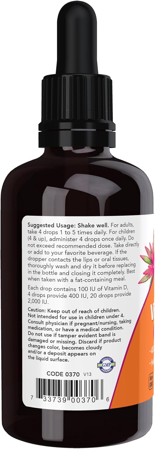 NOW Foods Vitamina D3 Líquida - 2 Onzas (59 ml) - 100 UI por gota