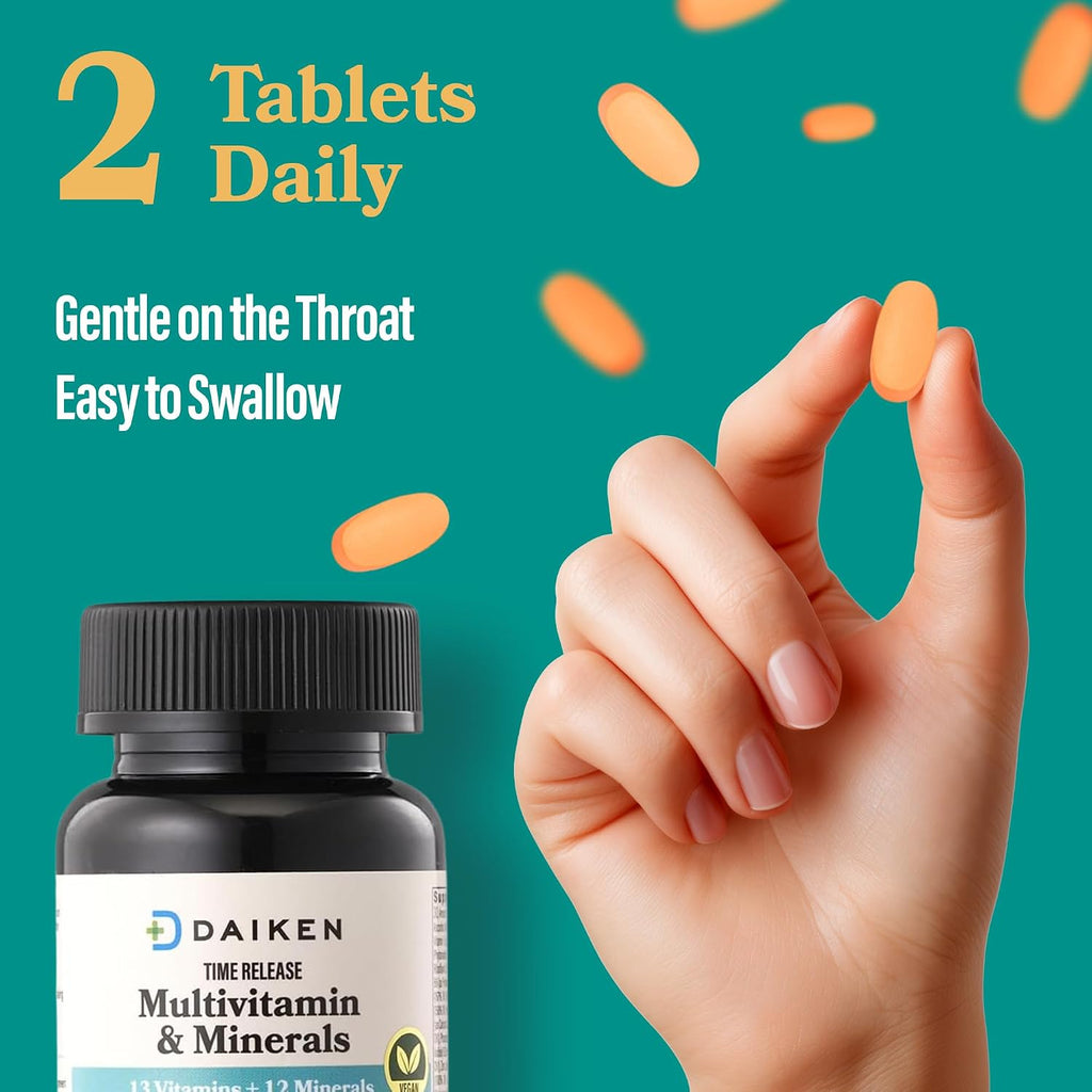 DAIKEN Mini Multivitamin, 60 Tablets, Enhanced with Lutein, Lycopene & Folic Acid, Time Released Multivitamin for Women & Men, Vegan & Easy to Swallow