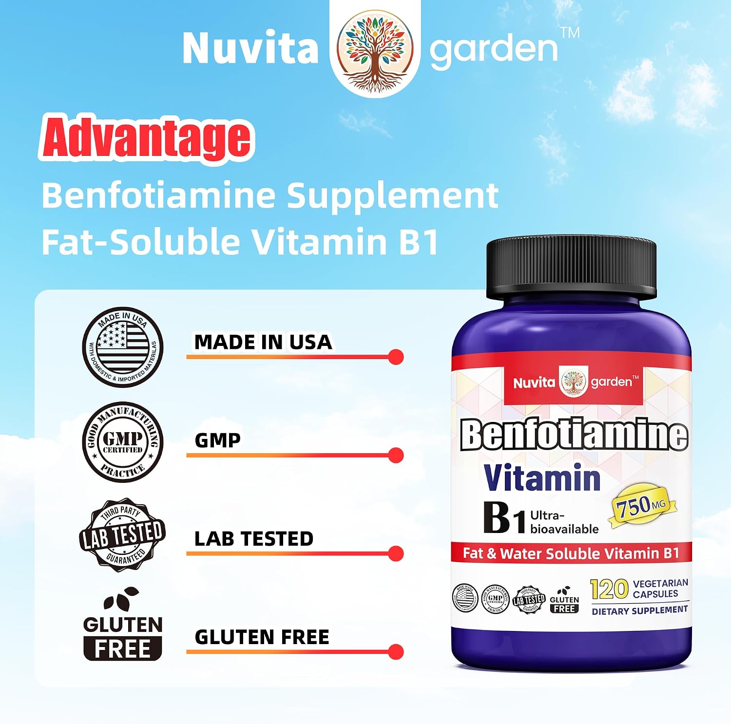 Benfotiamina 750 mg, 120 Cápsulas Vegetales - Vitamina B1 Liposoluble