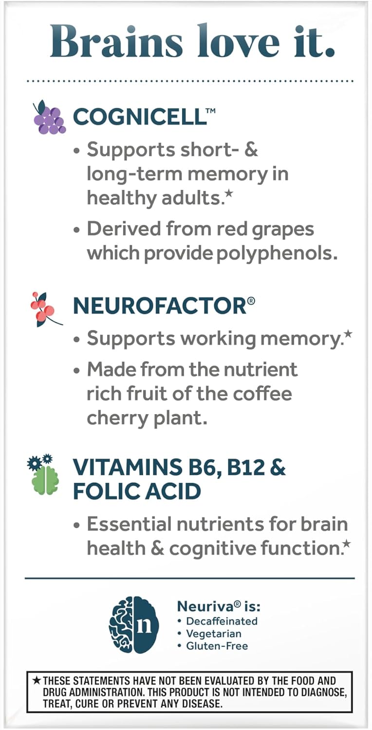 NEURIVA Memory 3D - Suplemento para Memoria y Concentración con Vitaminas B12, B6 y Ácido Fólico, 50 Cápsulas