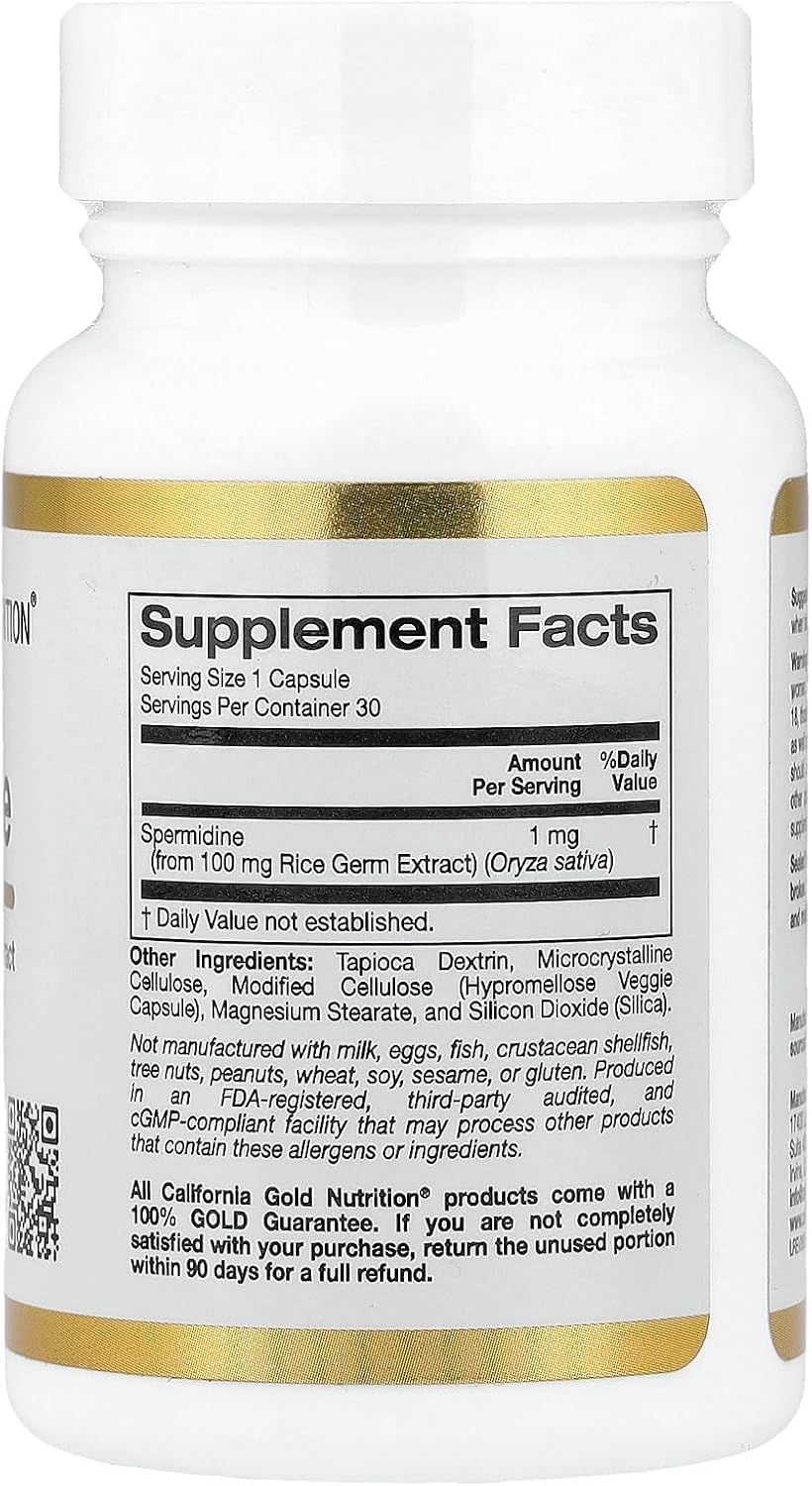 California Gold Nutrition Spermidina, Extracto de Germen de Arroz, 1 mg, 30 Cápsulas Vegetales