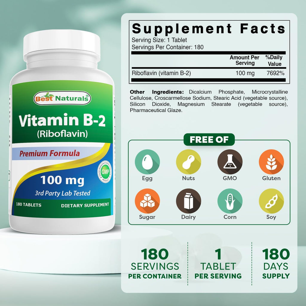 Best Naturals Vitamina B2 (Riboflavina) 100 mg 180 Comprimidos - Fórmula Premium - Probado por Laboratorio Externo
