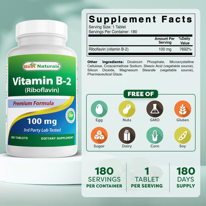 Best Naturals Vitamin B2 (Riboflavina) 100 mg 180 Comprimidos - Fórmula Premium - Analizado en Laboratorio Externo – Image 2