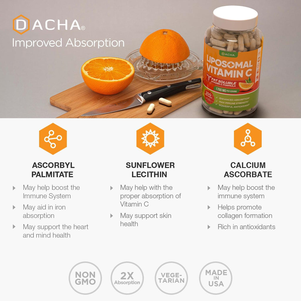 DACHA Vitamina C Liposomal Natural - 1700 mg, 200 Cápsulas - Alta Absorción, Vegano