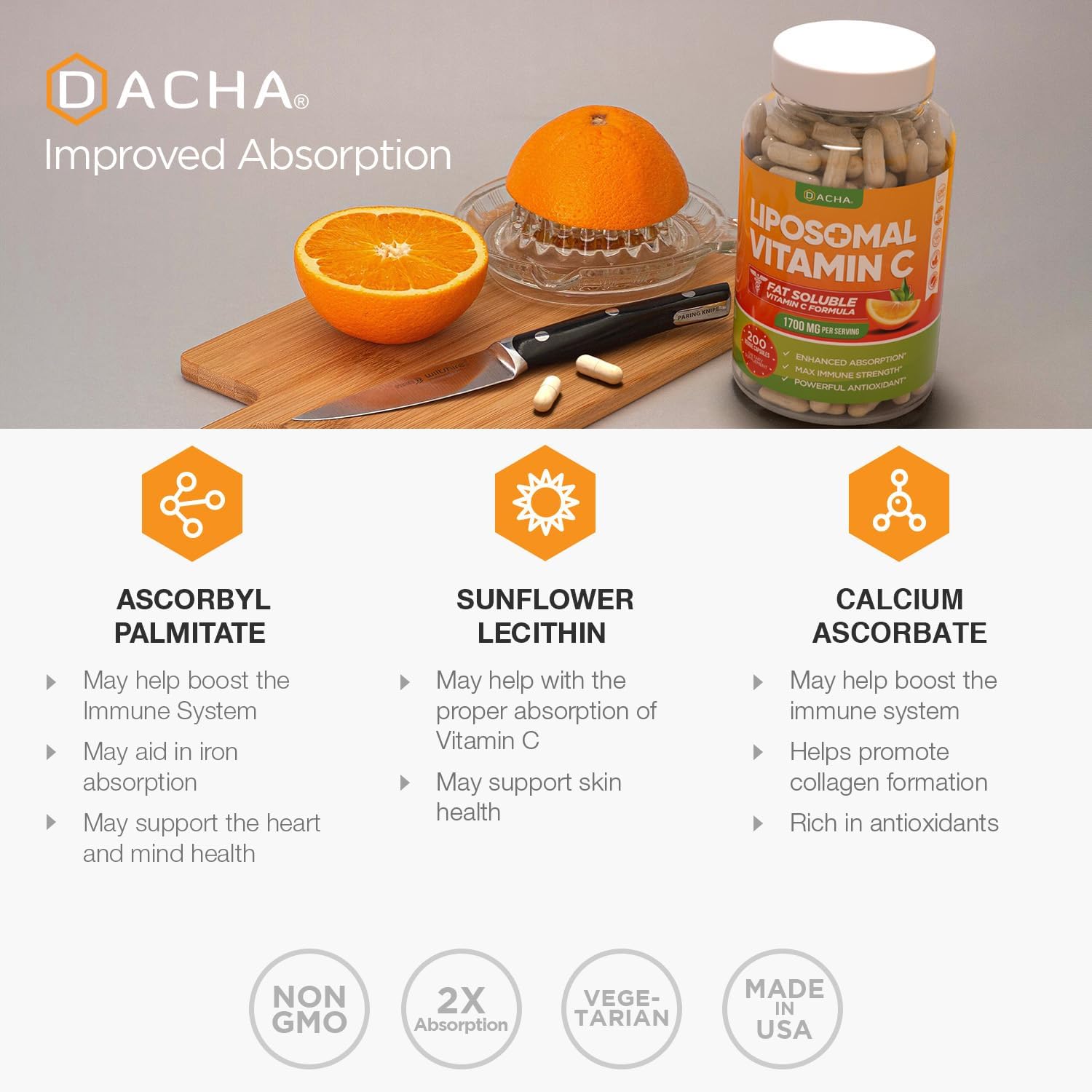 DACHA Vitamina C Liposomal Natural - 1700 mg, 200 Cápsulas - Alta Absorción, Vegano