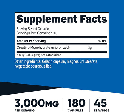 Nutricost Creatine Monohydrate 3000mg, 180 Cápsulas (750mg por Cápsula) - Sin Gluten, No GMO – Image 2