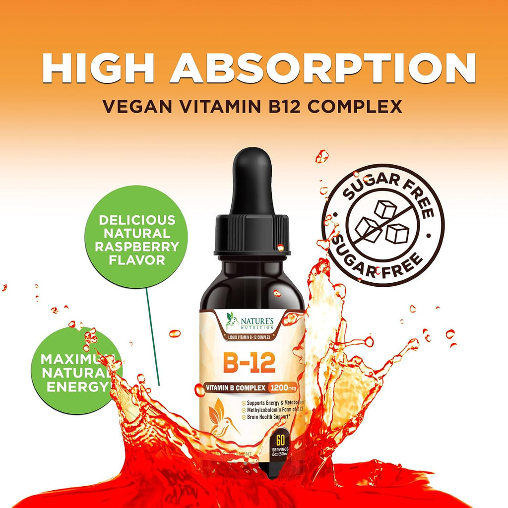 Vitamina B12 en Gotas - Metilcobalamina 1200 mcg - Complejo B Super B - Sabor Frambuesa - 60 ml