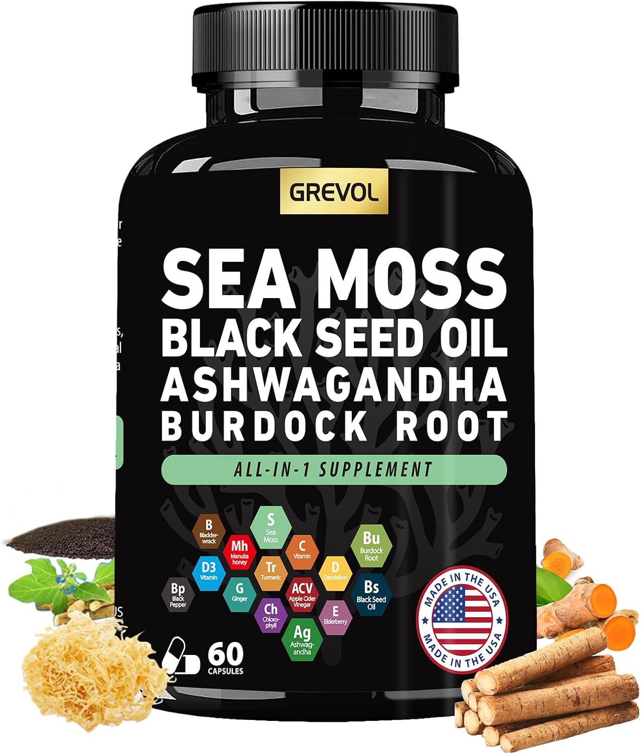 Grevol Complex Multimineral con Sea Moss, Ashwagandha y Vitaminas C y D3 – 60 Cápsulas