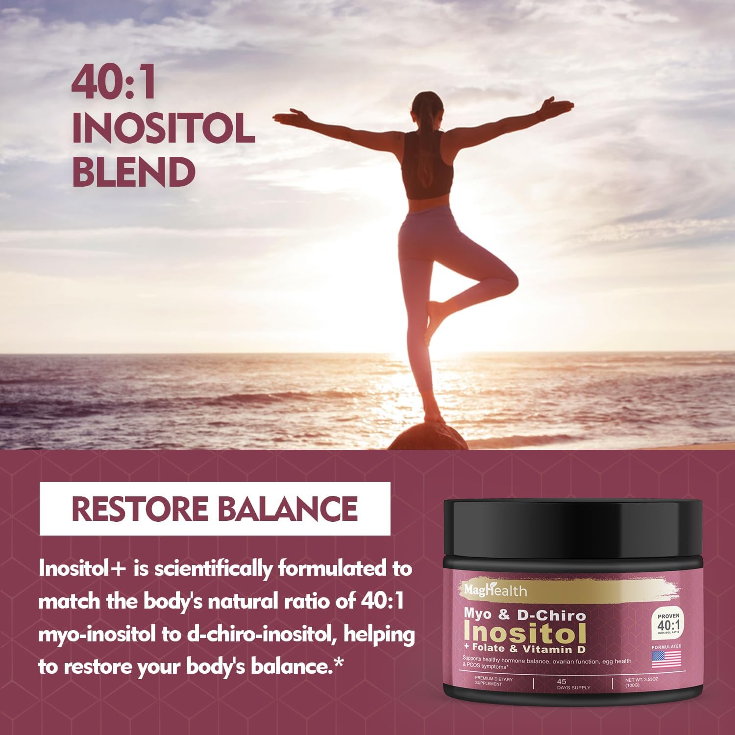 MagHealth Inositol en Polvo - Myo & D-Chiro Inositol + Folato y Vitamina D - Ratio 40:1 - 45 Días
