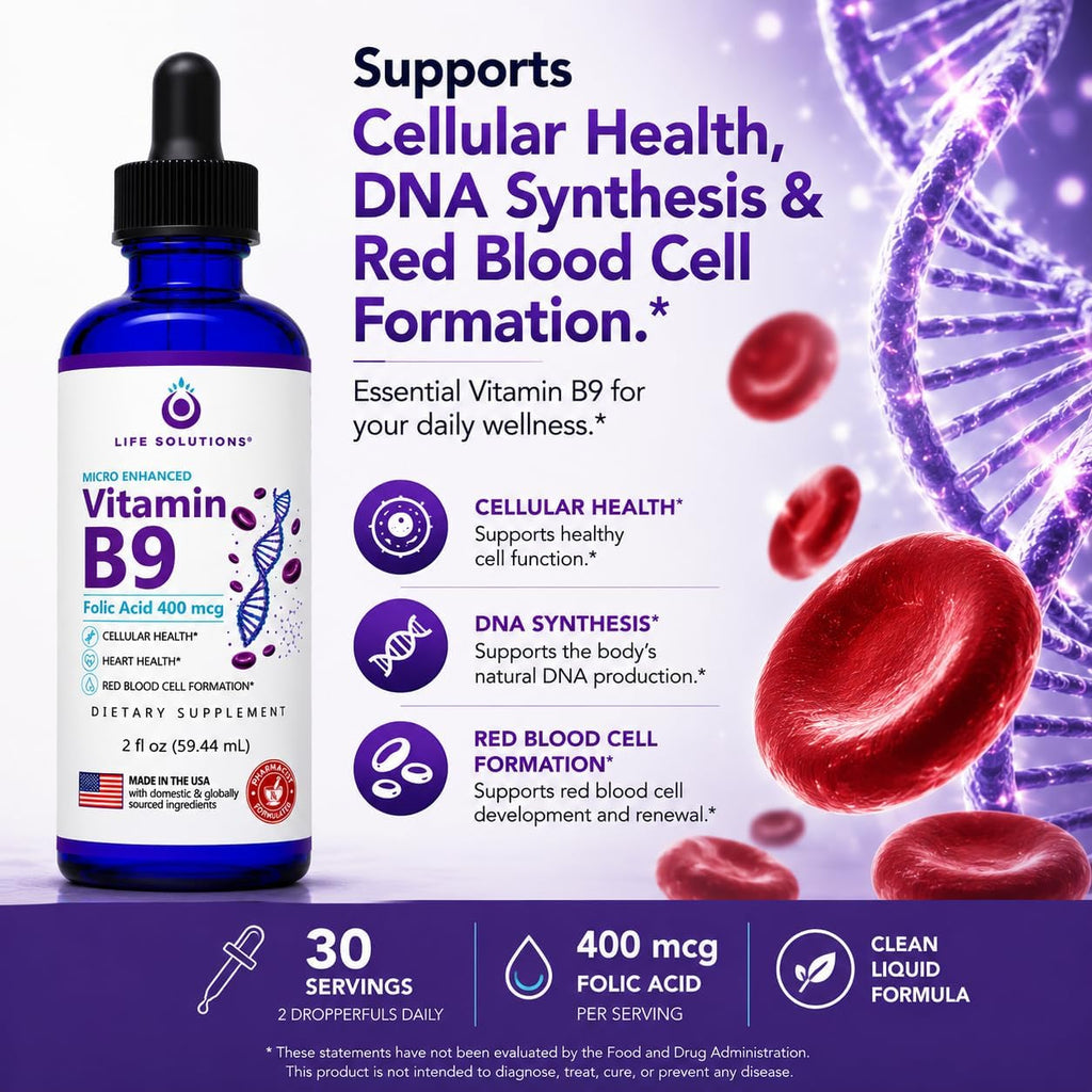 Life Solutions Vitamin B9 Gotas Líquidas de Ácido Fólico 400 mcg, 60 ml