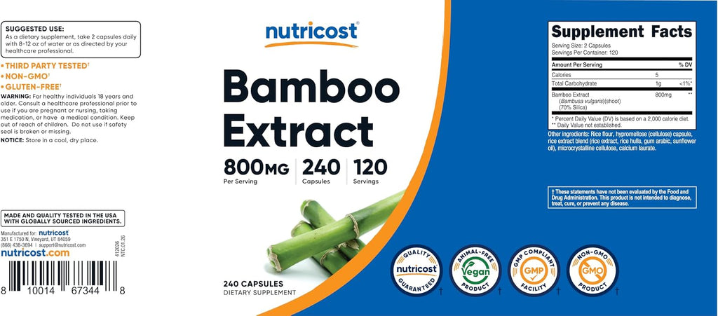 Nutricost Extracto de Bambú 400 mg, 240 Cápsulas - Vegano, Sin Gluten y Sin OGM - 120 Dosis de 800 mg