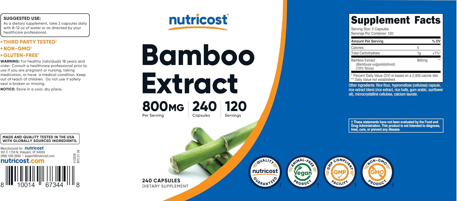 Nutricost Extracto de Bambú 400 mg, 240 Cápsulas - Vegano, Sin Gluten y Sin OGM - 120 Dosis de 800 mg