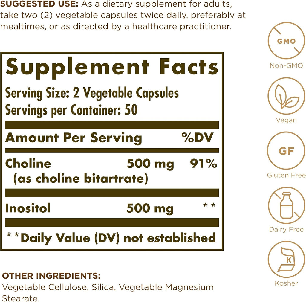 Solgar Choline/Inositol 500 mg/500 mg, 100 Cápsulas Vegetales (Pack de 2)
