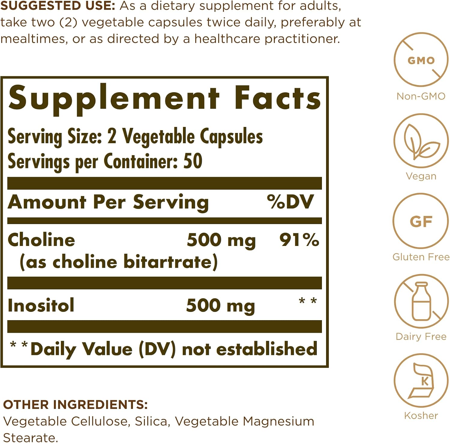 Solgar Choline/Inositol 500 mg/500 mg, 100 Cápsulas Vegetales (Pack de 2)