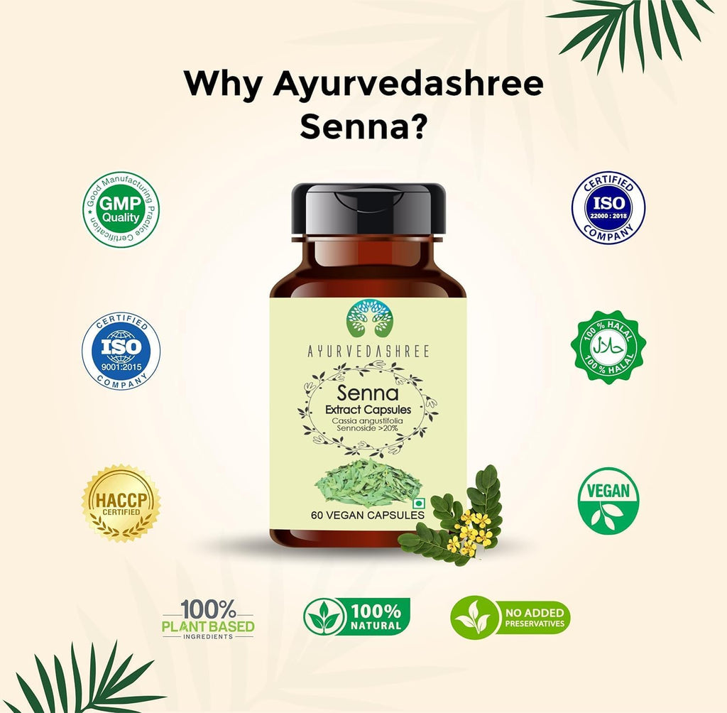 AYURVEDASHREE Senna Extract 500mg - 60 Cápsulas Vegetarianas | Cassia Angustifolia | 100% Natural | Vegano | Sin Gluten