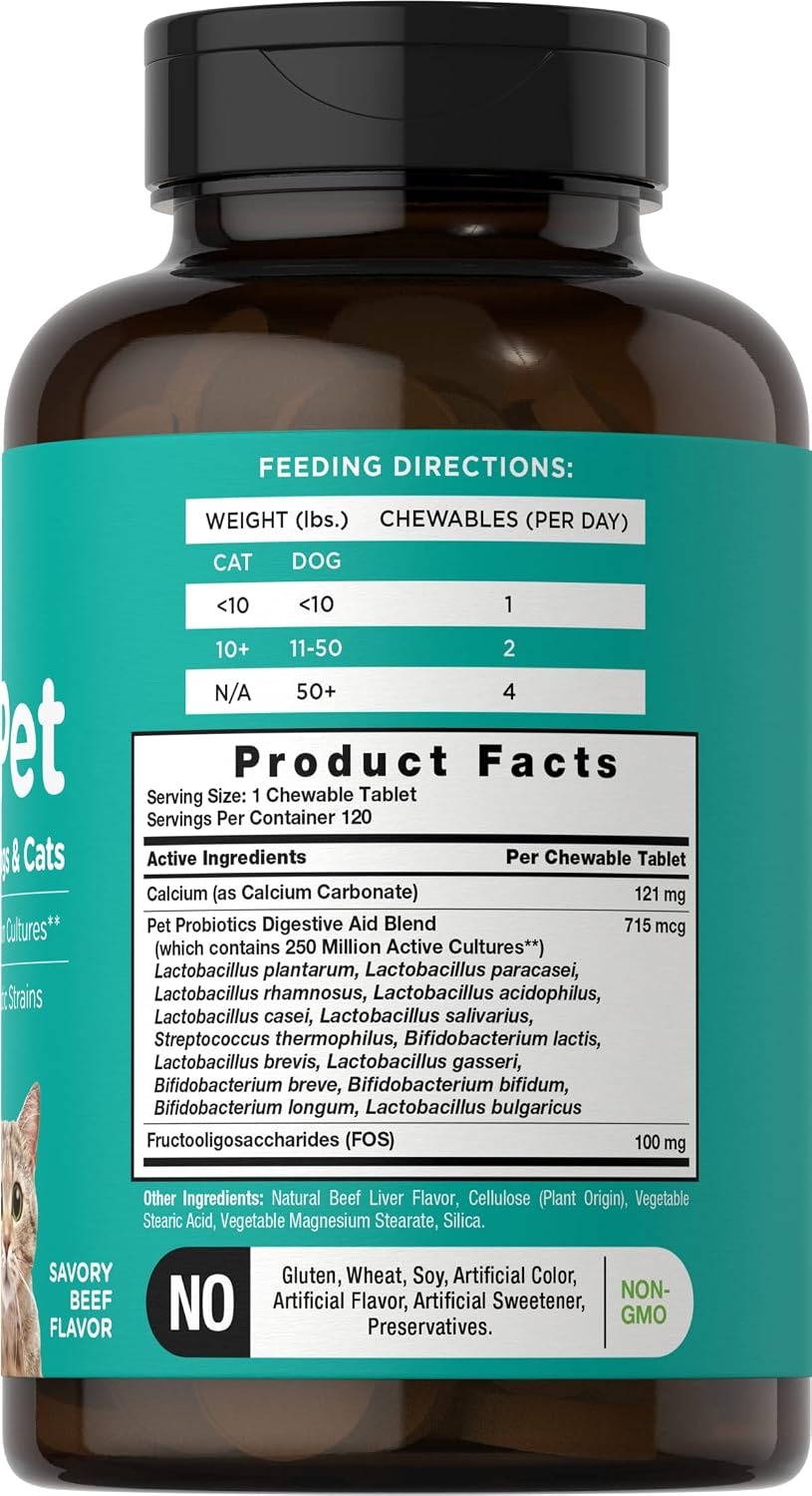 Horbaach Probióticos para Perros y Gatos | 120 Comprimidos Masticables | Salud Digestiva | 14 Cepas Probióticas | Sabor a Ternera | River & RULA