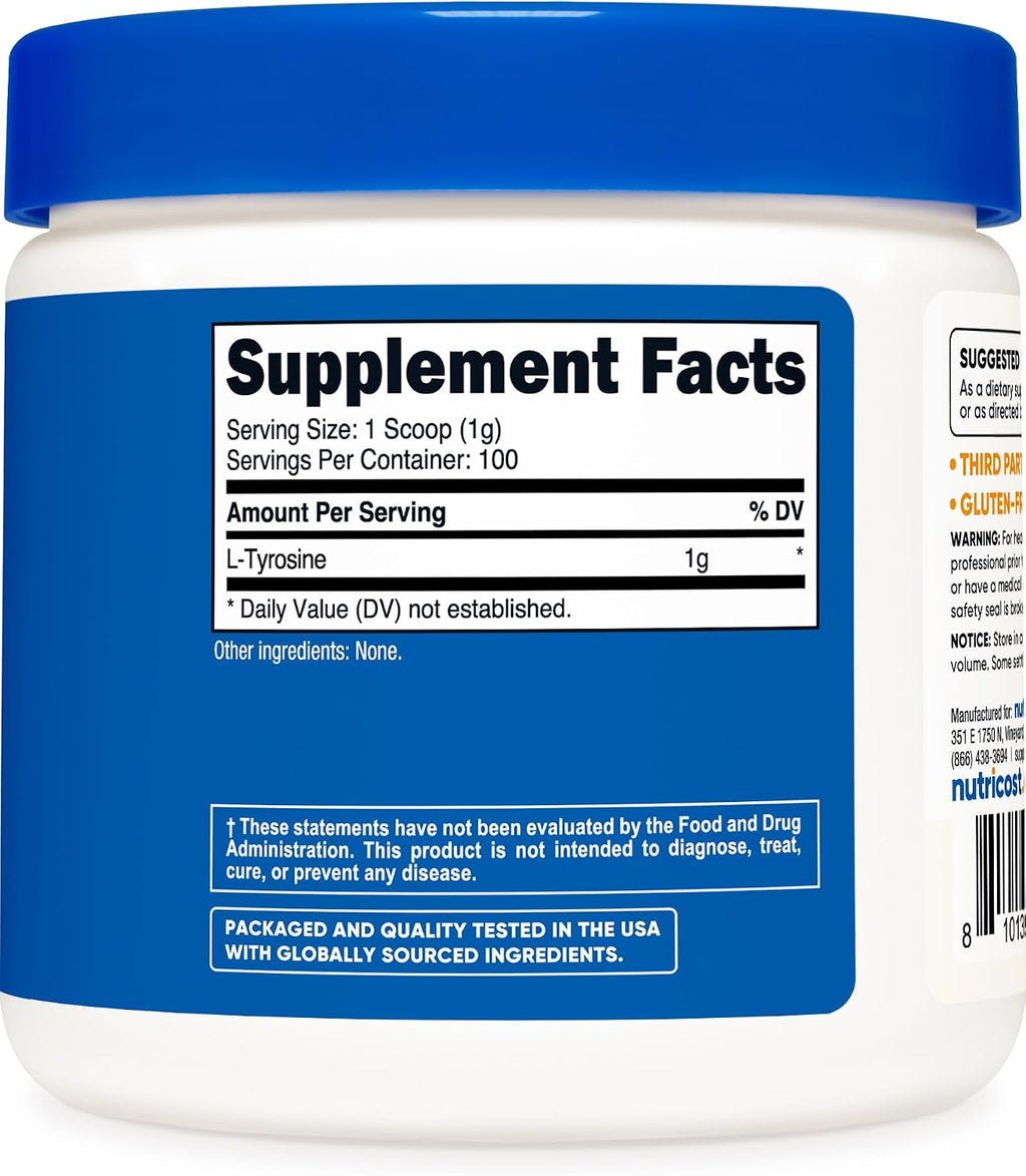 L-Tyrosine en Polvo 100g (100 porciones) - 1g por ración - Nutricost