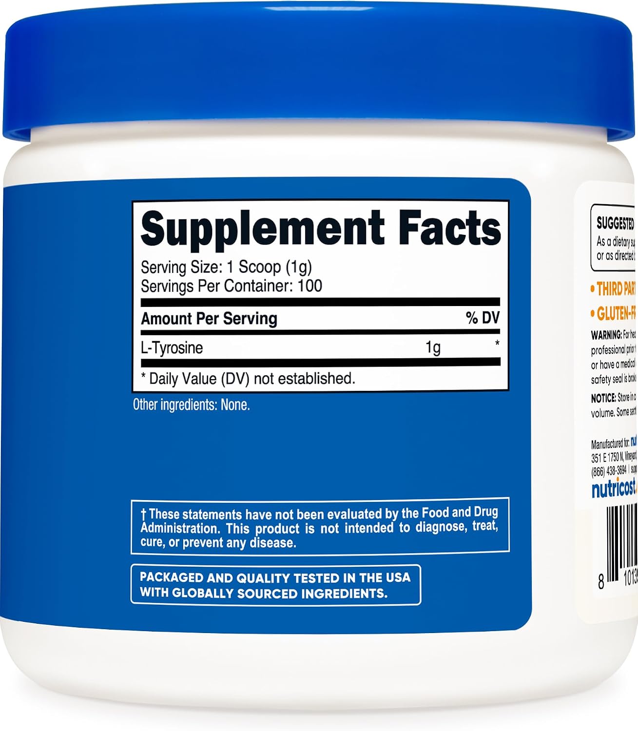 L-Tyrosine en Polvo 100g (100 porciones) - 1g por ración - Nutricost