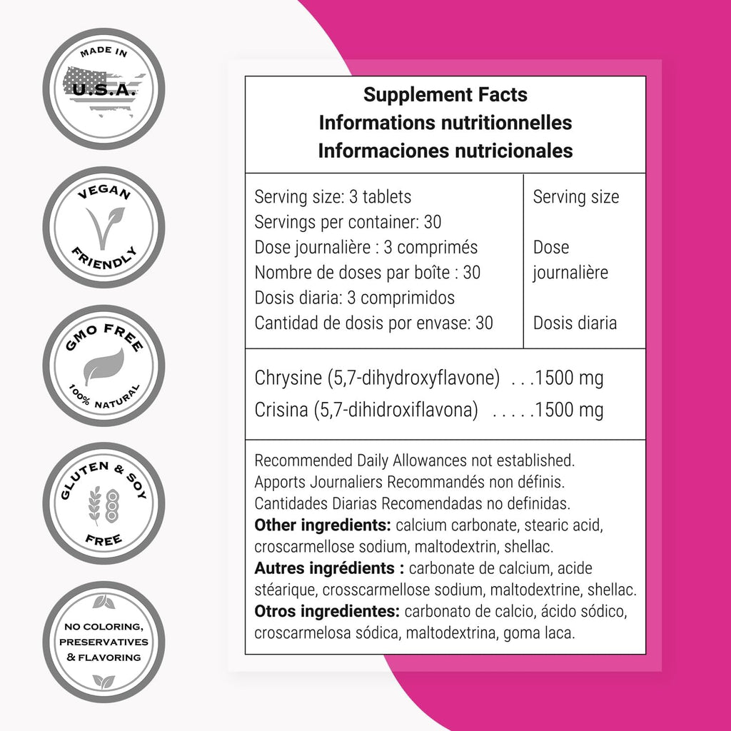 Supersmart - Chrysine 1500 mg Per Day - Flavonoide Natural - Ayuda a Equilibrar las Hormonas - No-GMO y Sin Gluten - 90 Comprimidos