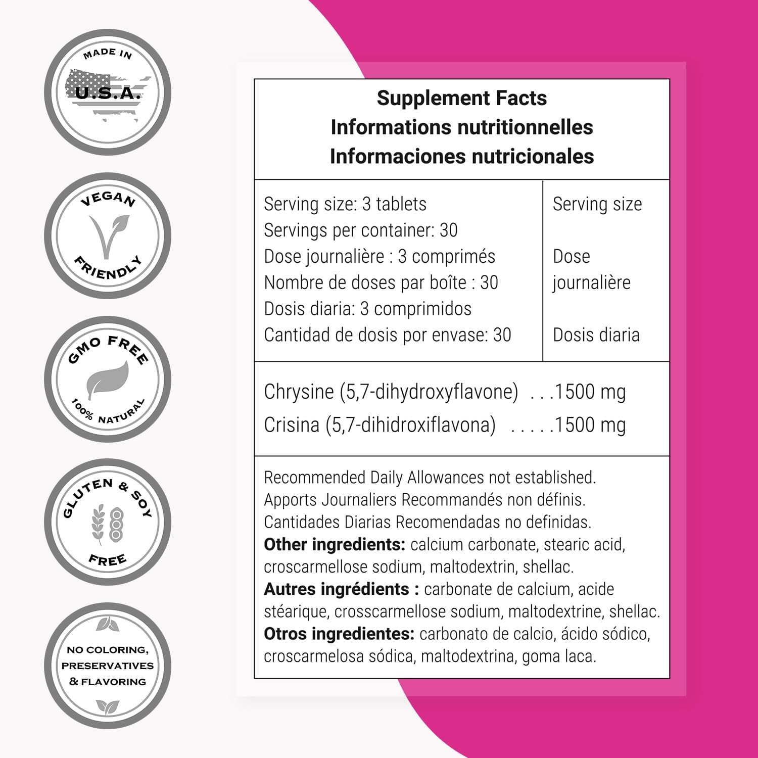 Supersmart - Chrysine 1500 mg Per Day - Flavonoide Natural - Ayuda a Equilibrar las Hormonas - No-GMO y Sin Gluten - 90 Comprimidos