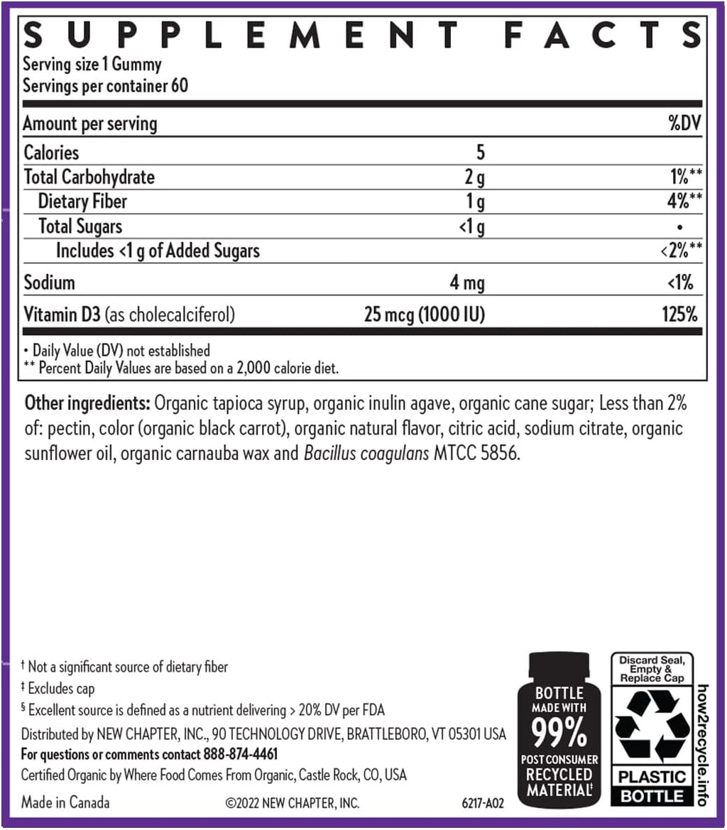 New Chapter Gomitas Orgánicas de Vitamina D3+ - 52% Menos Azúcar, 1000 UI, Sabor a Bayas Mixtas, 60 unidades