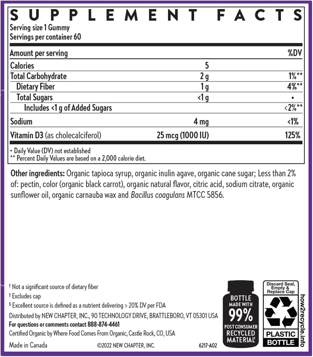 New Chapter Gomitas Orgánicas de Vitamina D3+ - 52% Menos Azúcar, 1000 UI, Sabor a Bayas Mixtas, 60 unidades