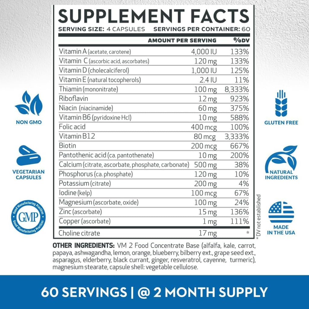 Vitaminerals 2BG+ B Complex Immune Support High Potency B Complex con Mezcla de Frutas y Verduras - 120 Cápsulas Vegetales