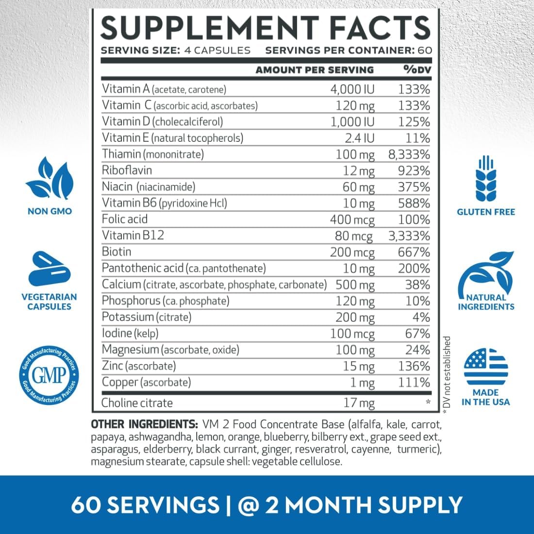 Vitaminerals 2BG+ B Complex Immune Support High Potency B Complex con Mezcla de Frutas y Verduras - 120 Cápsulas Vegetales