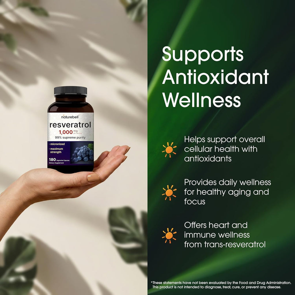 NatureBell Resveratrol - 180 Cápsulas Vegetarianas - 1000mg Extracto de Polygonum Cuspidatum - Apoyo Antioxidante