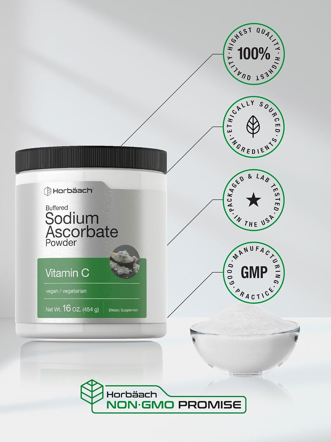 Horbäach Buffered Sodium Ascorbate Vitamin C Powder | 454 g (16 oz) | Vegano, No-GMO, Sin Gluten